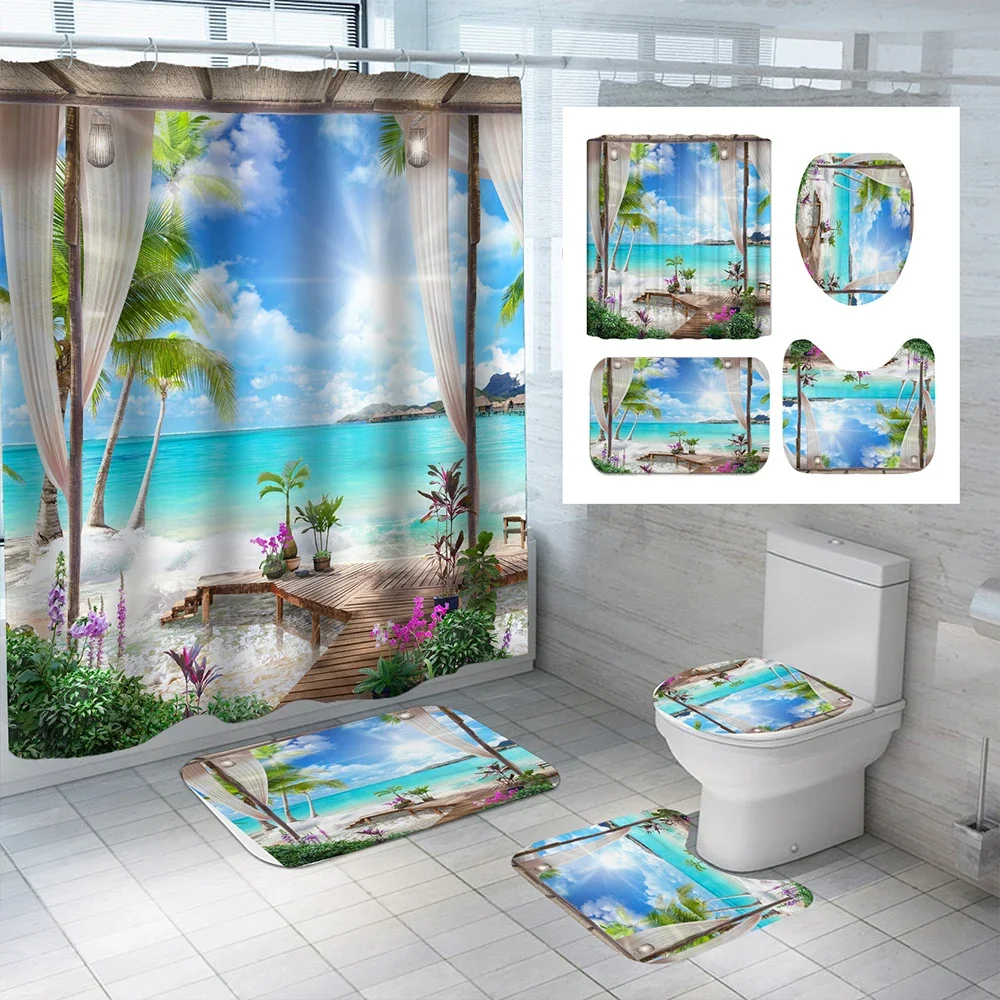 

Водонепроницаемая полиэстеровая занавеска для душа с рисунком солнечного пляжа и крючками, противоскользящий мягкий коврик для ванной, крышка, чехол для унитаза, домашний декор