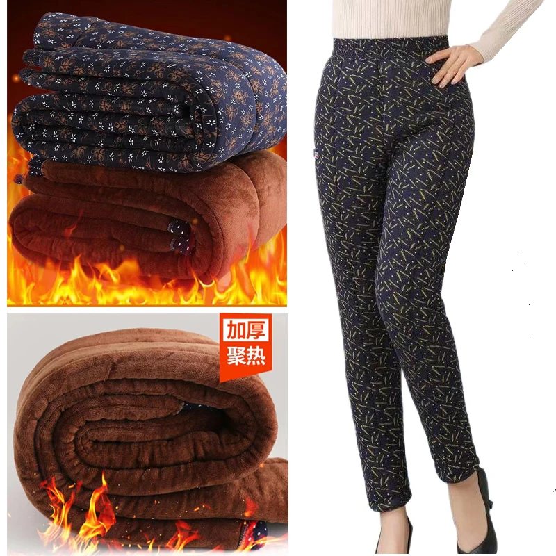 

1pcs Women Winter Warm Leggings Mother Thick Trouser Middle-aged Elderly Warm Fleece Long Thicken Pant High Waist Flower Legging