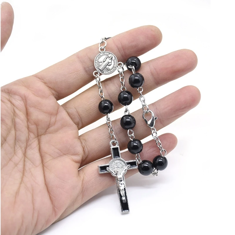 Exquisite Rosary Cross Bracelet Jewelry Black Glass Beads Rosary Bracelet Must-have Item for Catholicism Prayer
