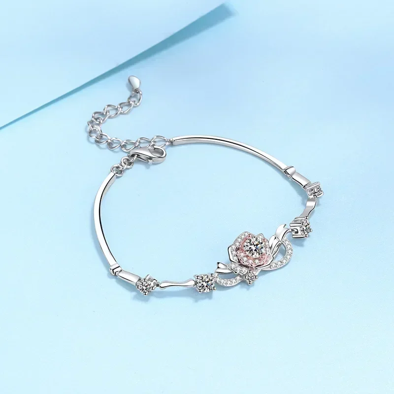 

Sparkling 1.4CT Real Moissanite Rose Flower Bracelet for Women Gift, Platinum PT950 Diamond Chain Fine Jewelry Certificate