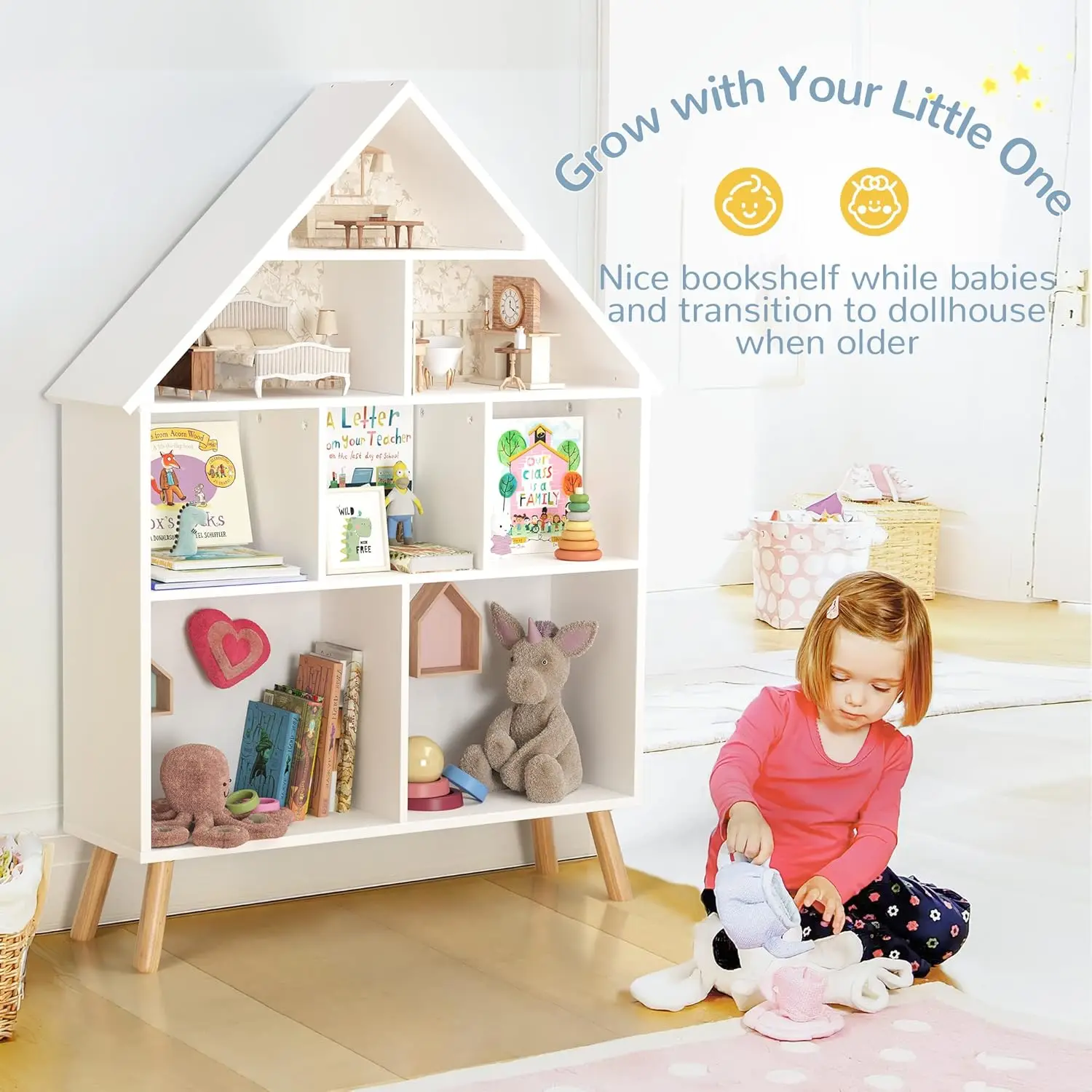 Bücherregal und Baby-Aufbewahrung – Puppenhaus-Bücherregal mit Holzständer und 4-stufigem Aufbewahrungs-Display-Organizer, Kinderbuch