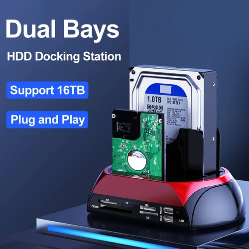 Unidad de disco duro externo 10 en 1 IDE SATA USB3.0 de doble bahía Estación de acoplamiento HDD de 2,5 pulgadas y 3,5 pulgadas Lector de tarjetas HUB de respaldo con un solo toque