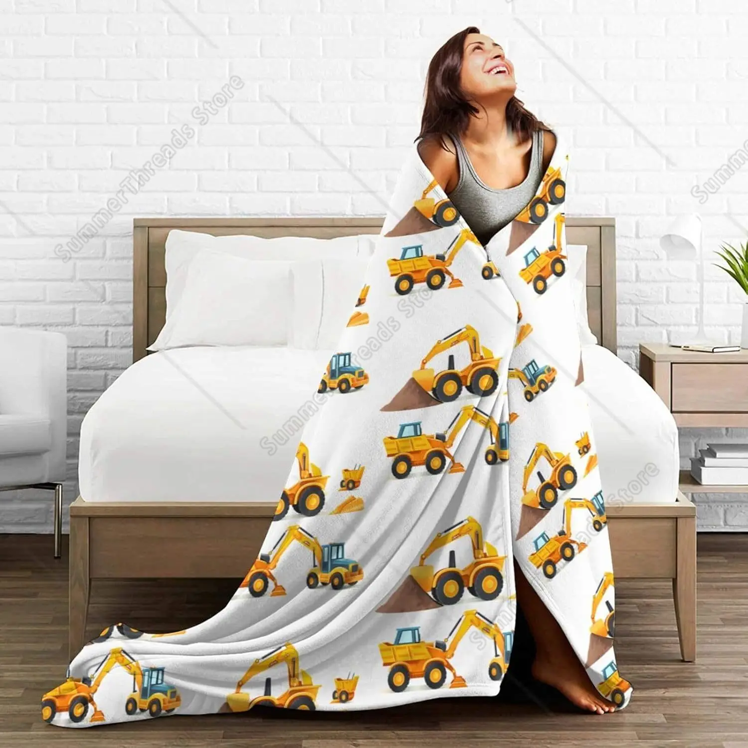 Toy Cartoon Machinery Excavator Truck Throw Blanket Plush Microfiber Flannel Fleece Blanket 60