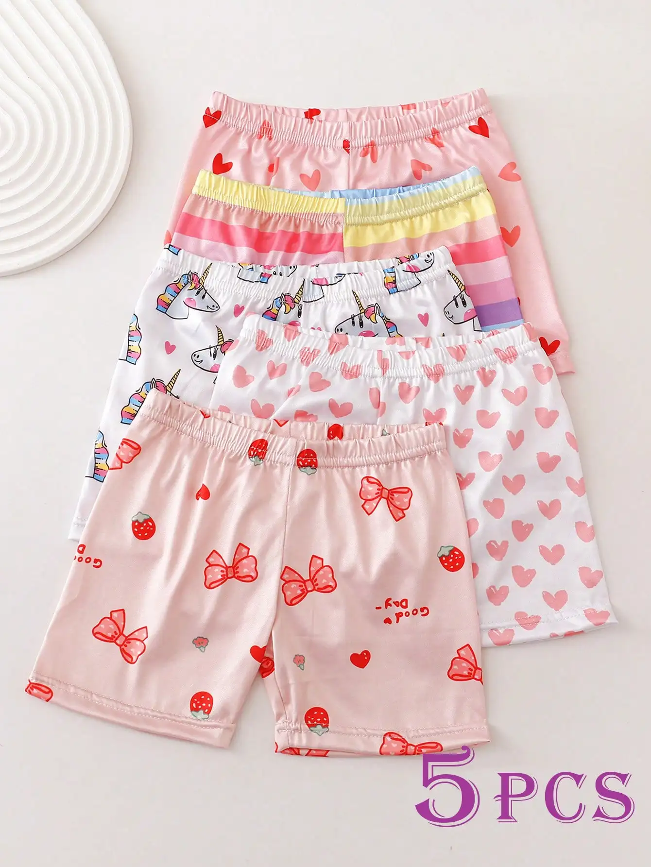 

5Pcs Kids Girl Safety Shorts 2-11Y Unicorn & Heart Print Elastic Waist Shorts Soft Polyester Spandex Under Dress Summer Daily