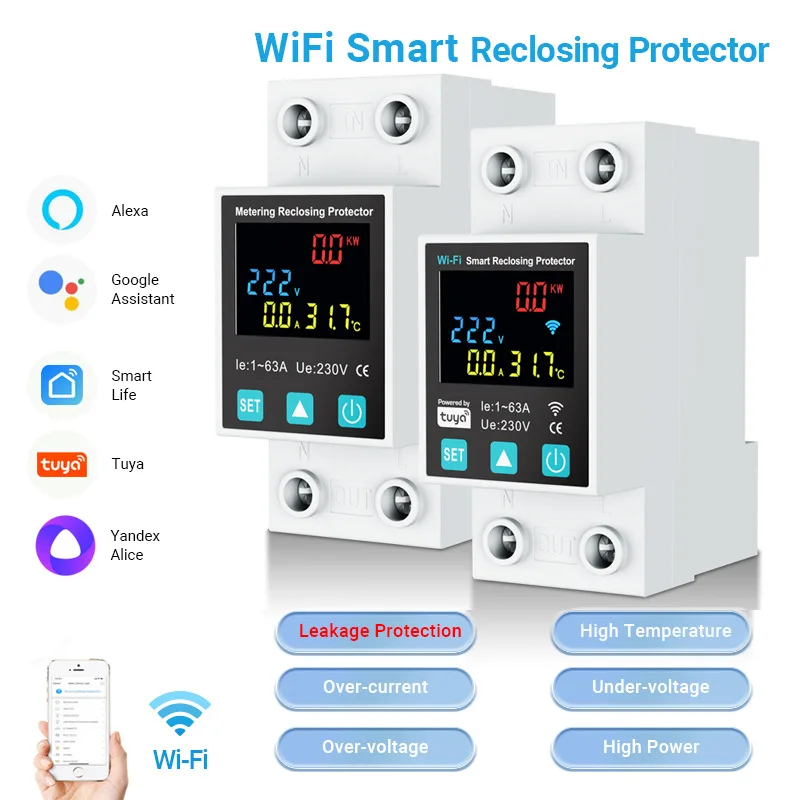 Tuya Smart Life WiFi Smart Reclosing Protector Circuit Breaker 63A Earth Leakage Over Under Voltage Relay Switch Energy Meter