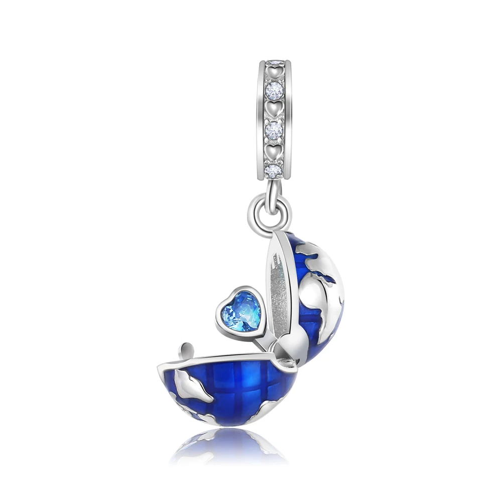 

Danturn 925 Sterling Silver Original Beads Blue Heart Globe Dangle Charm fit Snake Chain Bracelet Fashion Women Jewelry Making