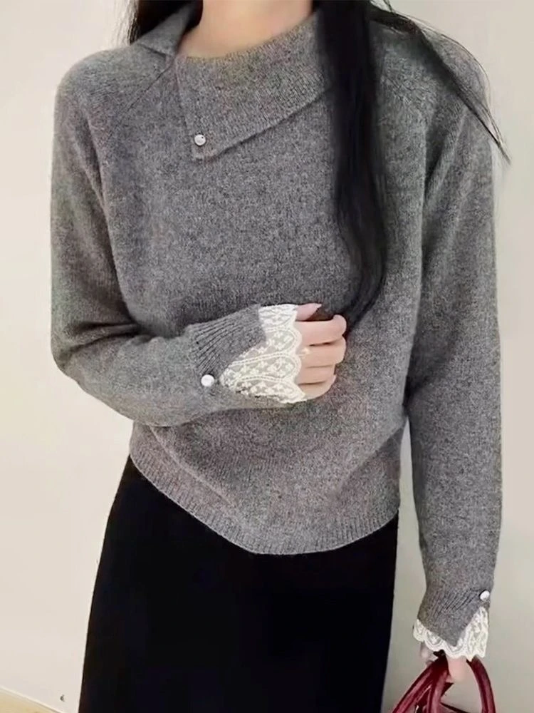 Y2k Korean Fashion Lace Patchwork Sweaters 2000s Subculture Sweet Casual Pullovers Sweaters Japan Harajuku Streetwear Jumpers