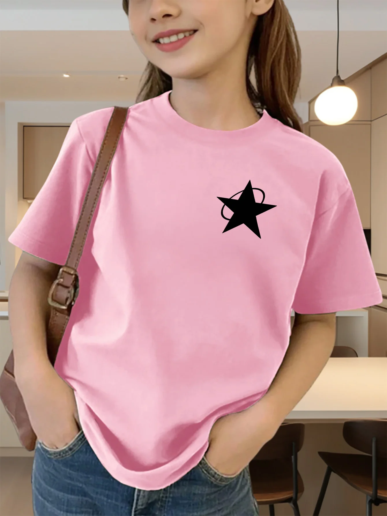 Cute White Star Planet Minimal Print Graphic Kids Tee Boys Girls Family Matching Cotton Crew Neck Short Sleeve Soft Summer Tee