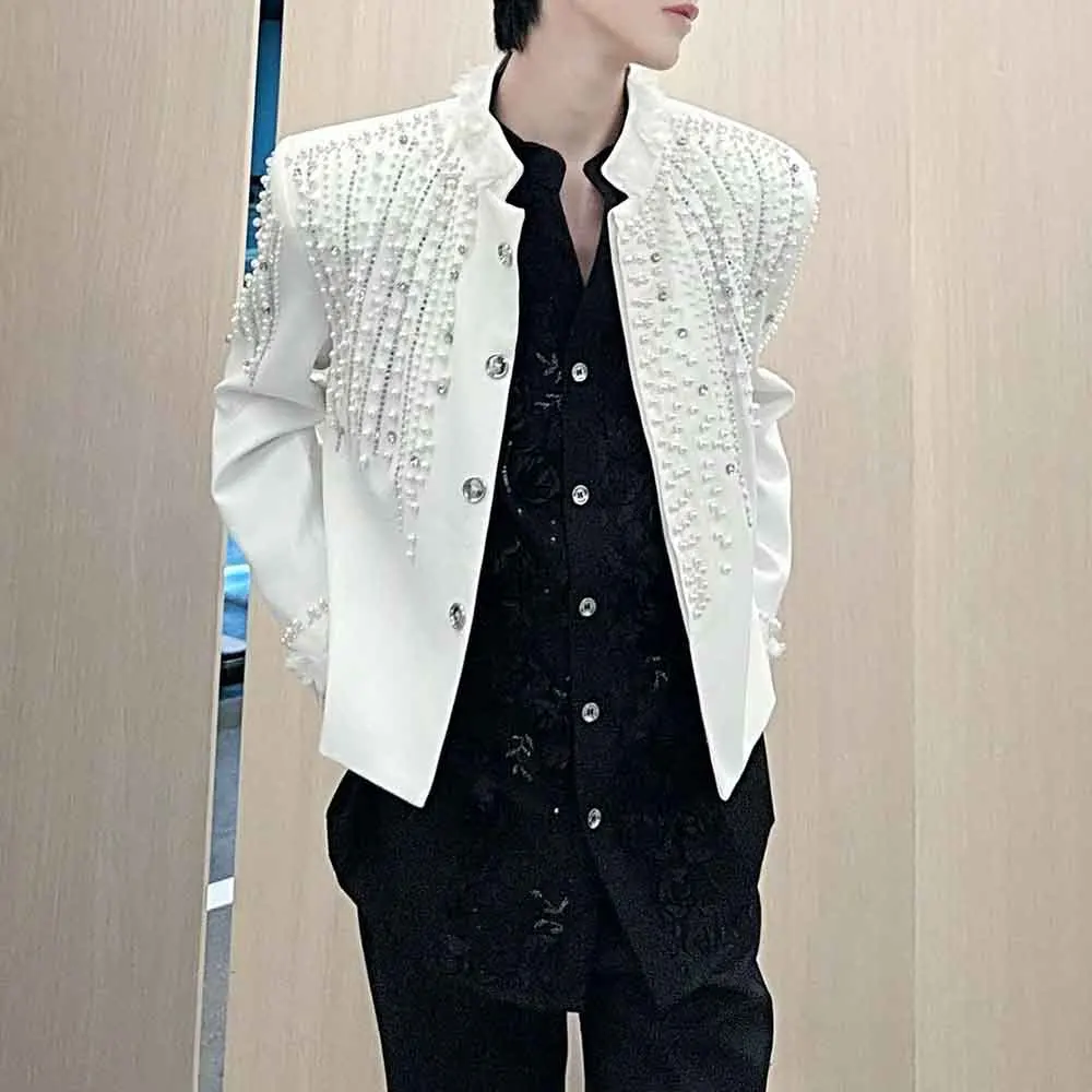 Men Spring Jacket Rhinestones Pearls Nightclub Jacket Streetwear Fashion Stage Performance Trend Hip Hop Top Men'S Clothing 2026