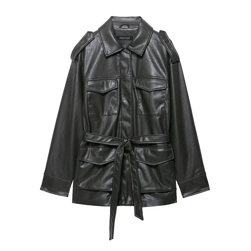 سترة نسائية خريف جديد 2025 سترة من الجلد الصناعي بأكمام طويلة باللون الأخضر الداكن مع زخرفة جيب مع حزام شخصية غير رسمية Mot #1