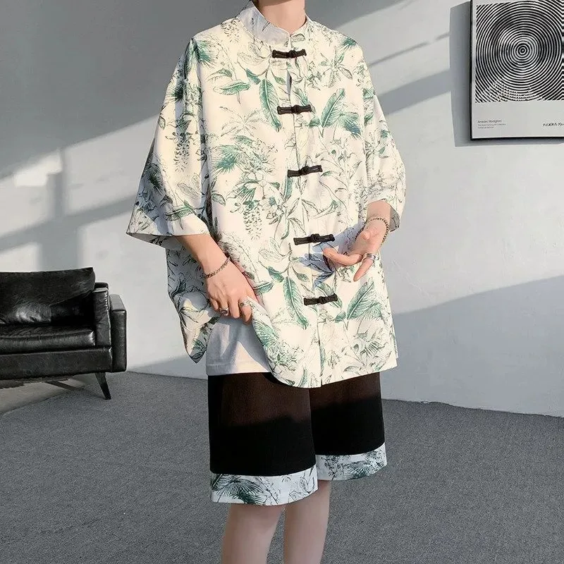 

Men's Chinese Style Linen Button Down Shirt Casual Short Sleeve Camp Collar Shirt