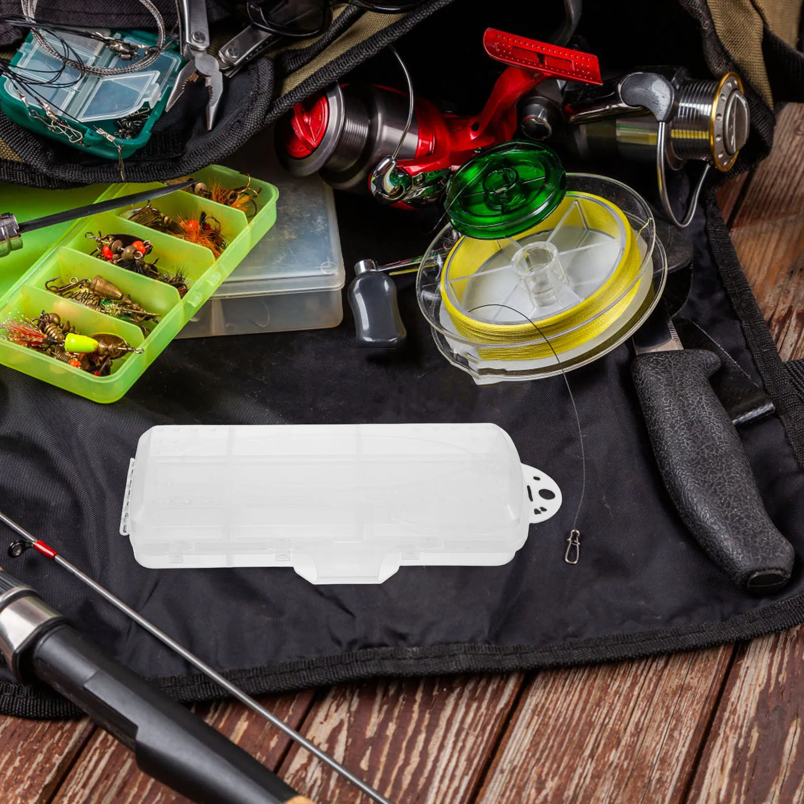 

Compact and Portable Lure Baits Box with Fishing Rod Holder Clip Compartment Fishing Lure Storage Hooks Organizer Small Utility