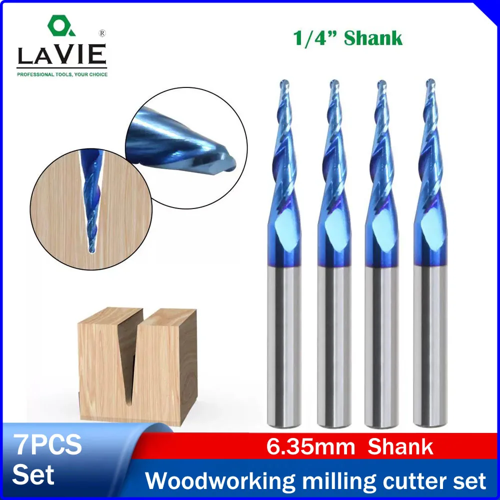

LAVIE 1/4 Inch Shank Solid Carbide Double Flute Taper Ball Nose End Mill,V-Shape Bevel Milling Cutter CNC Relief Engraving Tool