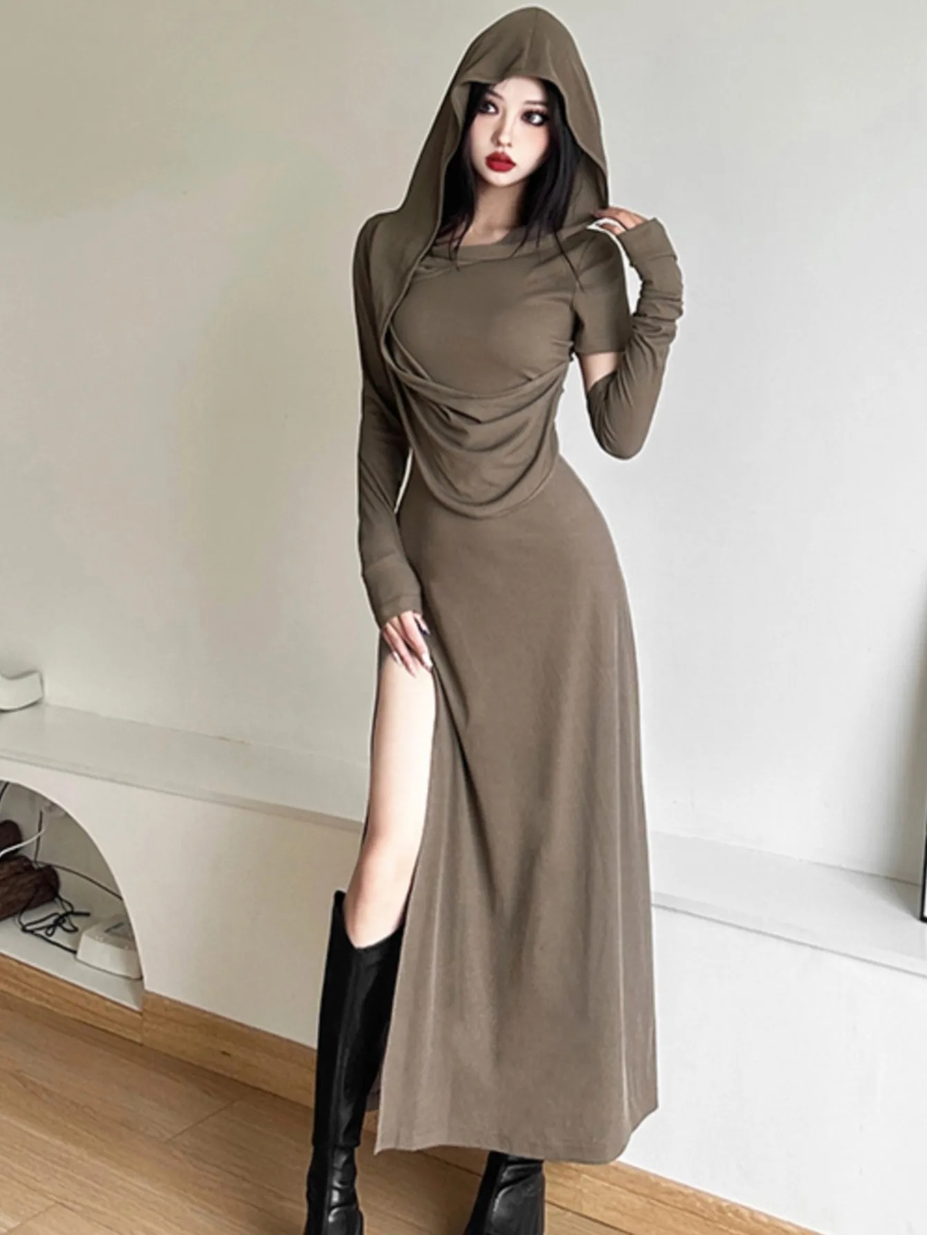 Street Wasteland Style Hoodie Dress for Women Y2K Vintage Solid Color Slim Waist Vestidos Autumn Fashion Long Sleeve Robe Mujer