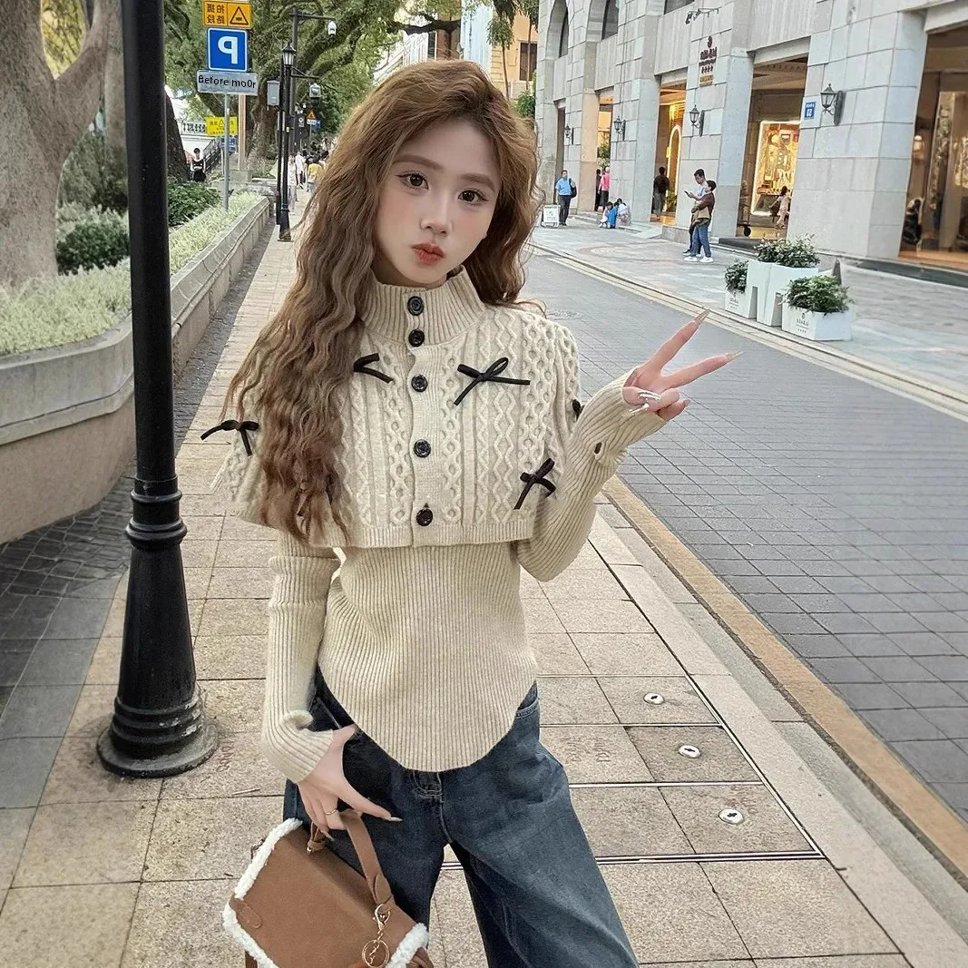 Bow Atmosphere Sweater Shrug Knitted Top 2024 Autumn New Style Korean Pure Desire 2-Piece Set Sleeveless POLO Collar