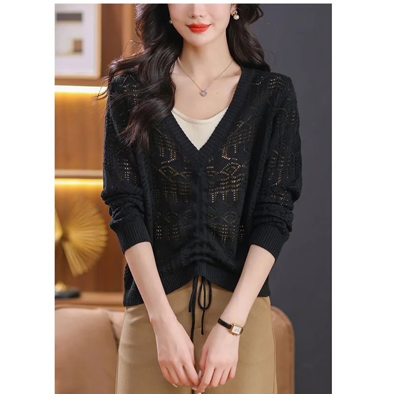 2024 Summer Thin Long Sleeve Hollow Out Pullover Top Women New V-neck Long Sleeve  Pull Jumpers Female Pullovers