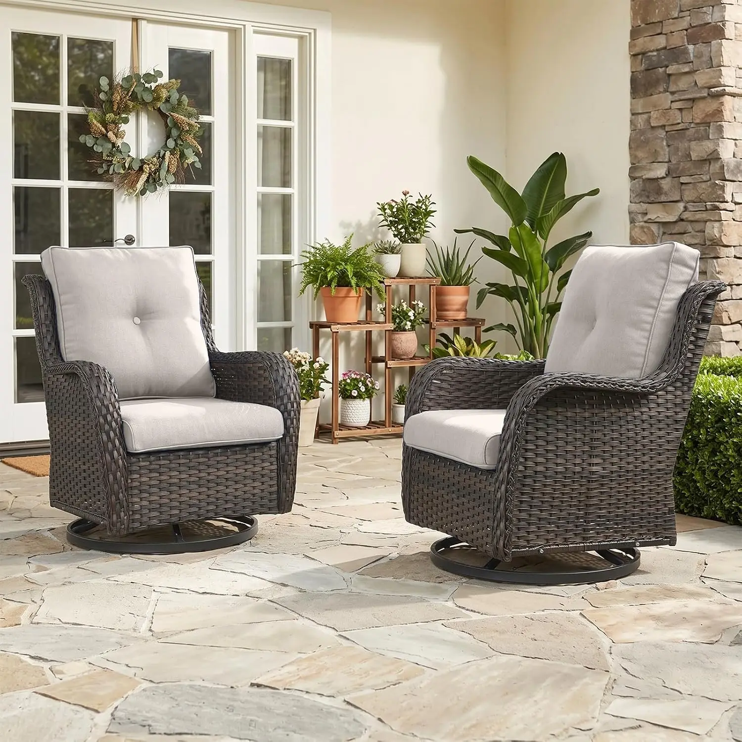Outdoor Patio Swivel Rocker Chair Wicker Rattan High Back Deep Seat Cushion Deck Porch Garden Set 2 Brown Beige, Customized