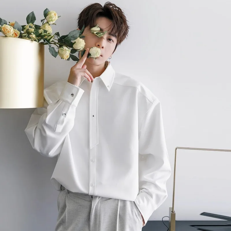 Men White Long Sleeve Shirt Simple Design Casual Elegant High Grade Blouse Top