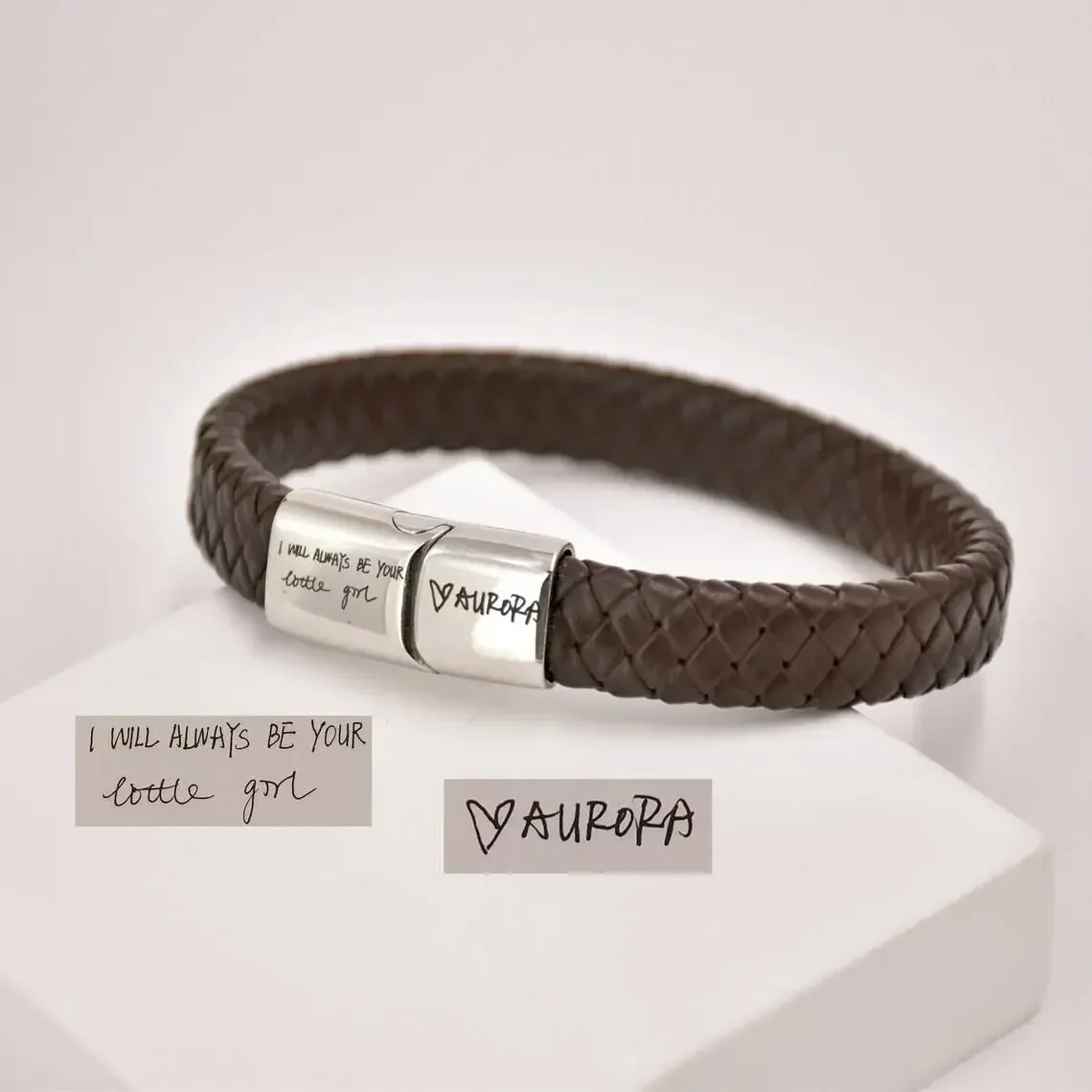 Handwritten Genuine Leather Bracelet Customized Personality Engrave Signature Stainless Steel Magnet Buckle Bangle for Men Women view 2