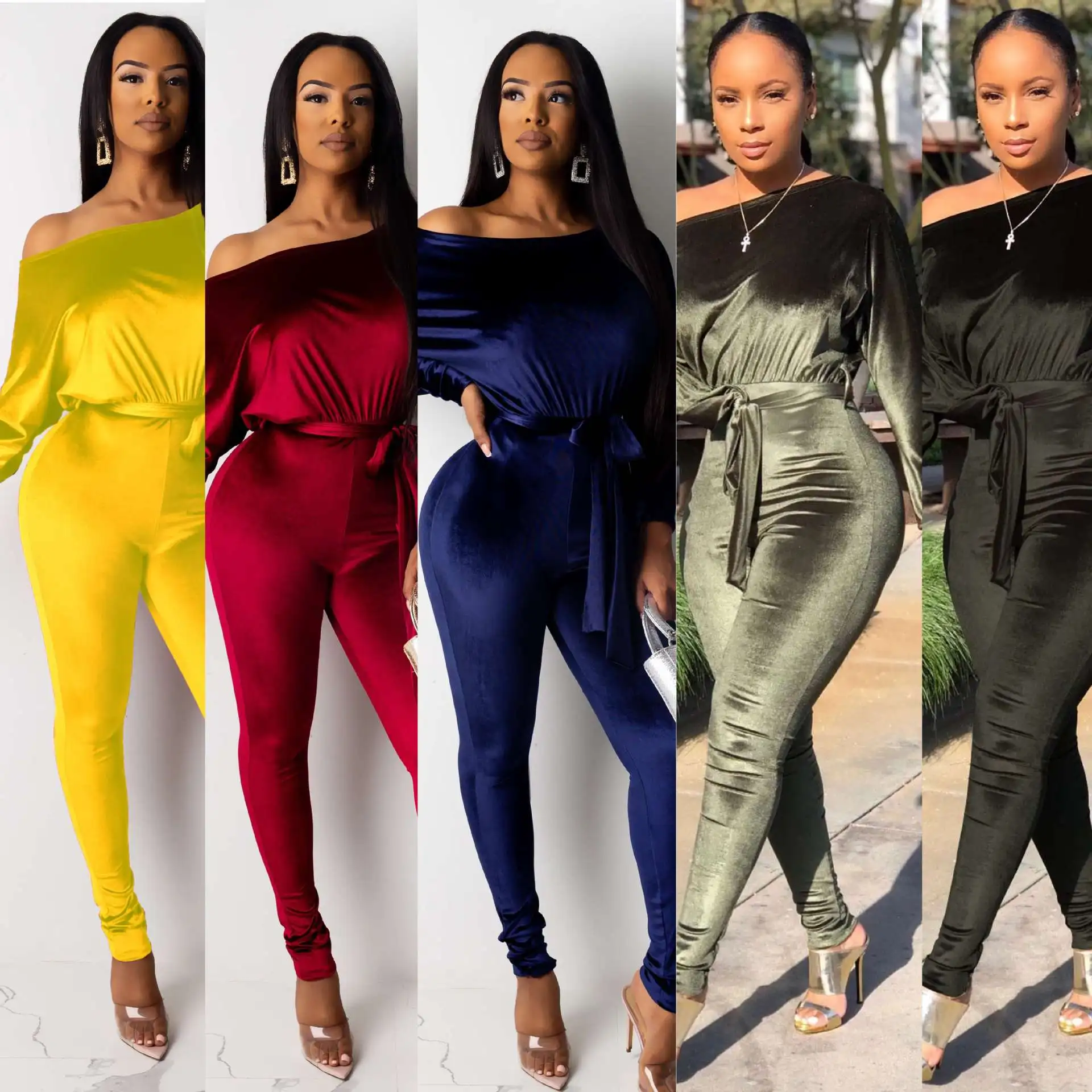 Women's Velvet Elastic One-piece Pants Jumpsuits With One Shoulder Bat Long Sleeve And Belt Overalls Romper