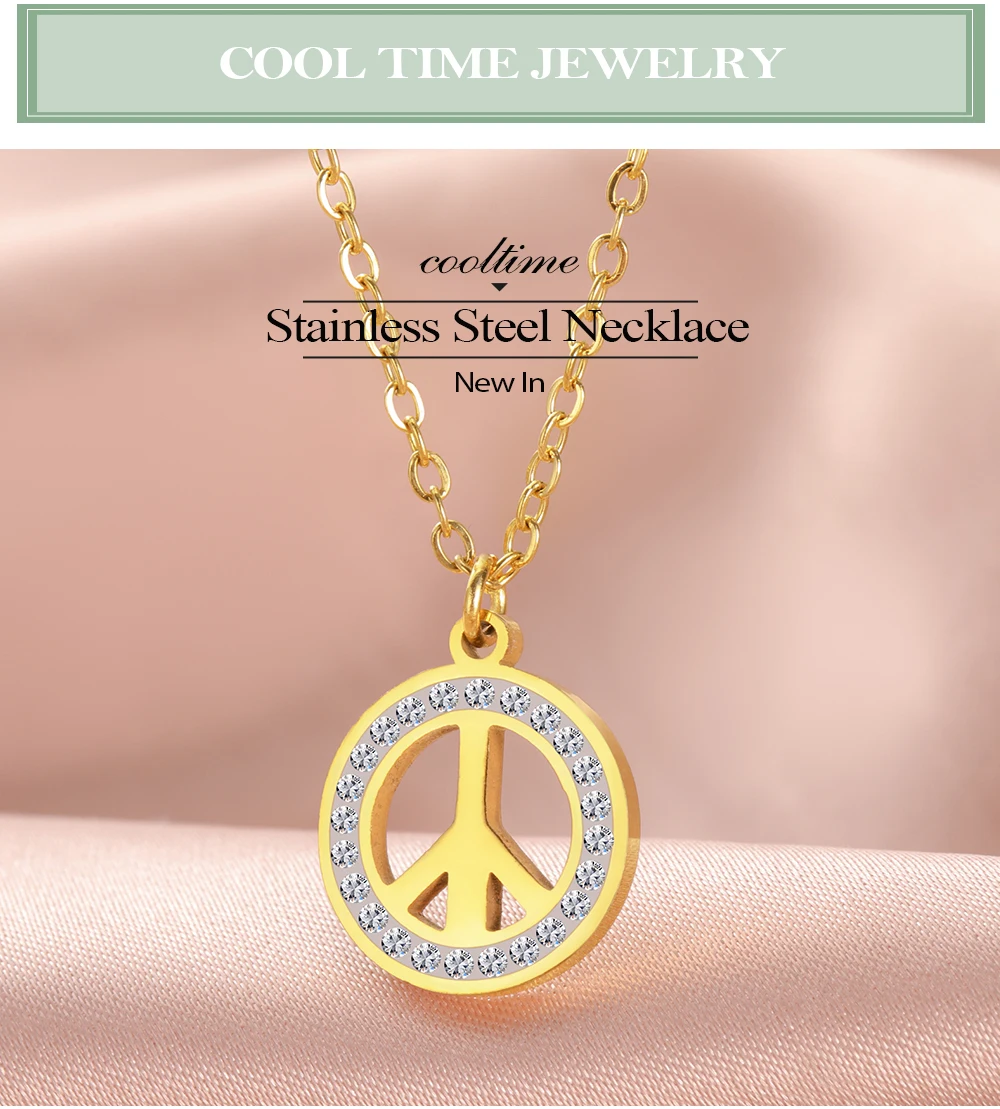 COOLTIME Edelstahl Frieden Symbol Halskette für Frauen Mode Runde Zirkon Kette Anhänger Amulett Schmuck Geschenk Großhandel – Detail 3