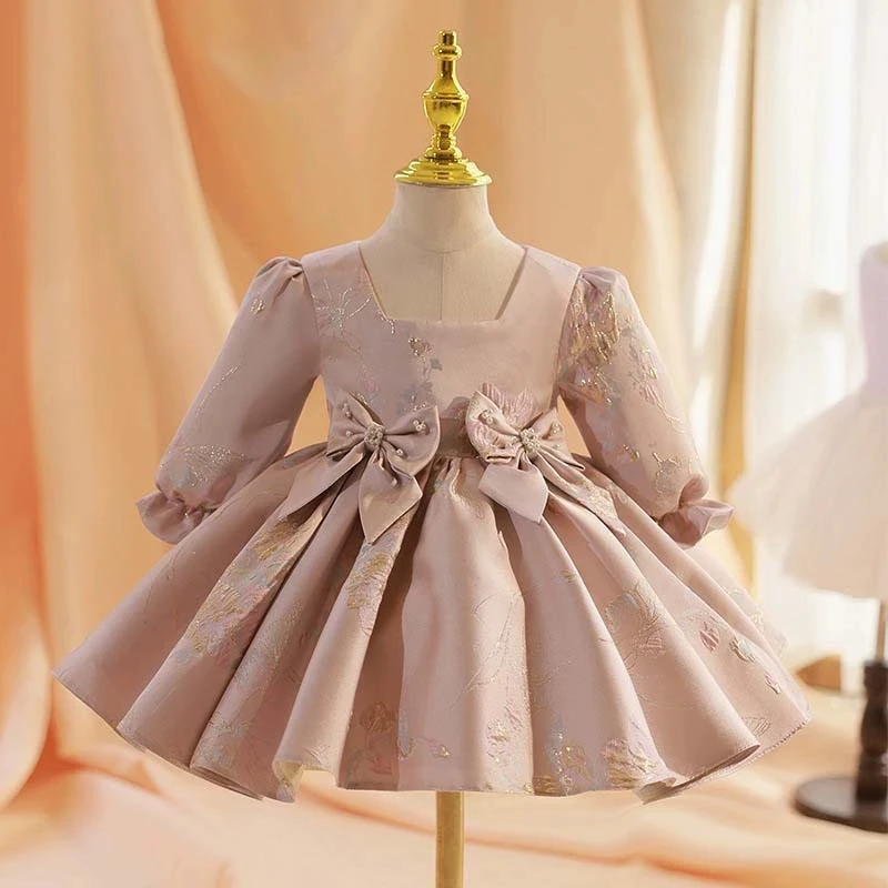 

Long Sleeve Sweet Bow Satin Children Girls Dress New Baby First Birthday Celebration Outfit Kids Eid Princess Party Gown Toddler
