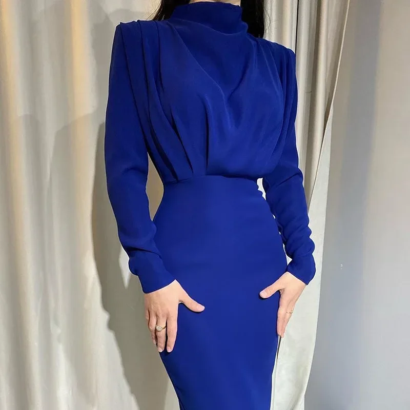 New Autumn Fashion Temperament Waist Foreign Look Thin Solid Color Long-sleeved Dress Women