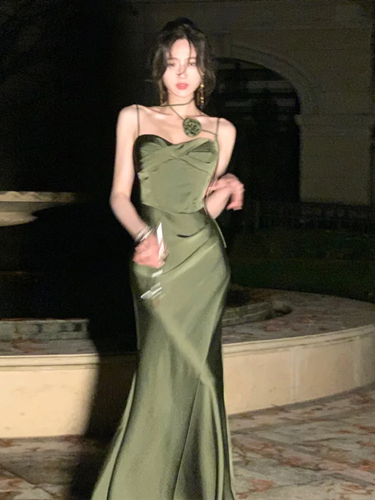 Summer Women Sexy Spaghetti Strap Evening Party Prom Club 2024 New Elegant Backless Split Satin Long Dresses Female Vestidos