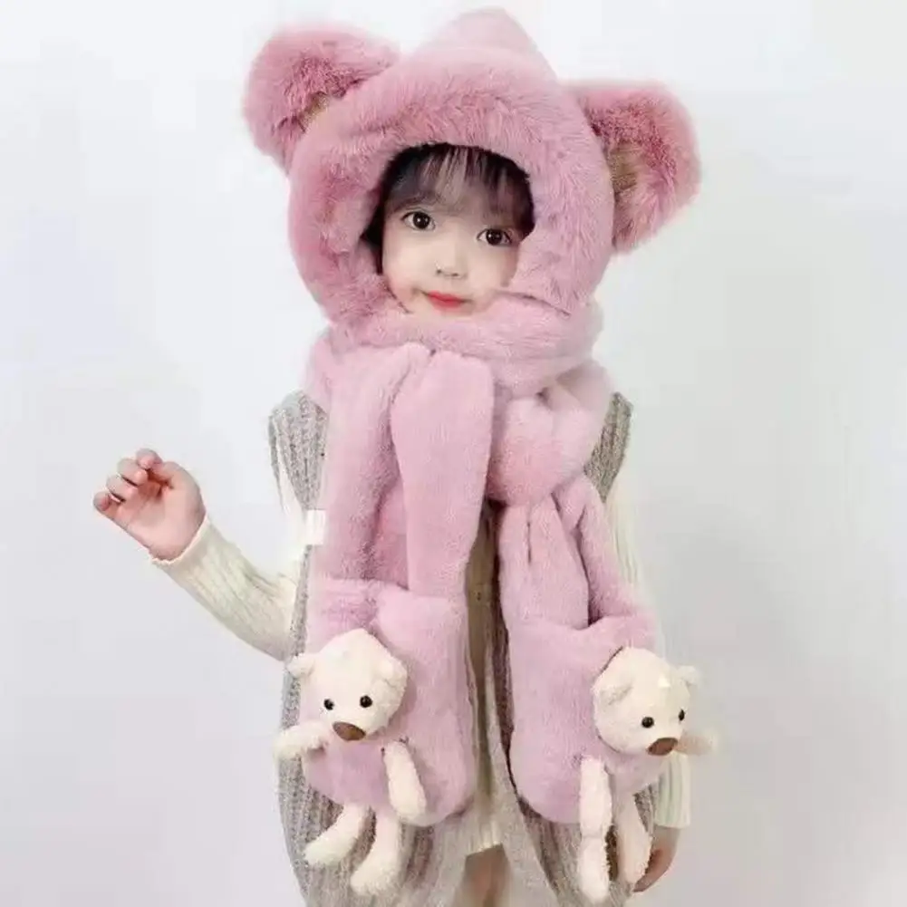 Cappello invernale per bambini Paraorecchie Peluche addensato Cappello per bambini Sciarpa al collo Guanti Orso cartone animato Decor Ragazzi Ragazze Sciarpa al collo Guanti Cappello per bambini