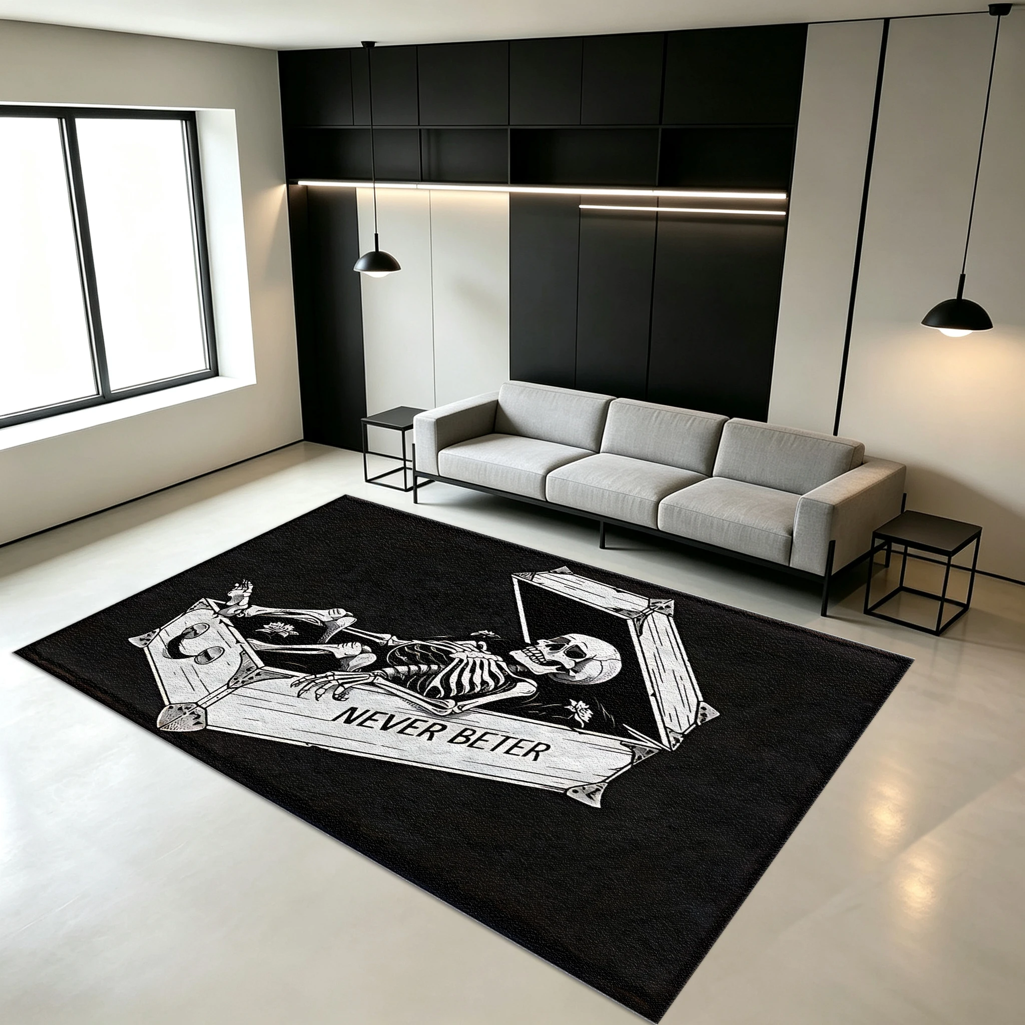 Gothic-Style Skull Coffin Art Carpet, Non-Slip Cool Rug Suitable for Bedroom, Living Room, and Home Decoration