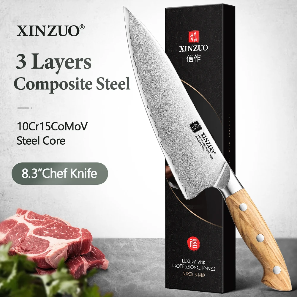 

XINZUO Durable High-Performance 8.3 Inches Chef Knife High Quality 3 Layers Composite Steel 15° Precision Edge Ergonomic Grip