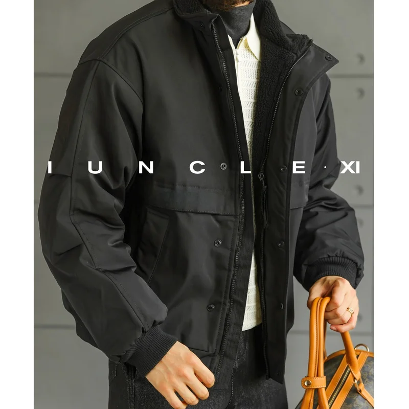 

IUNCLEXI Warmth Lamb Velvet Thiened Cotton Jaet Stand Collar Men's Fce Lined Winter Outerwear Busin Casual Sle