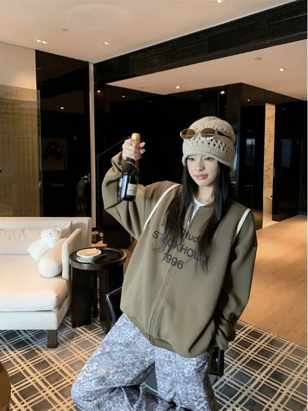 

plus Size Casual Long Sleeve round Neck Printed Open Cardigan Slimming Loose Fit Autumn Winter New Style Women's Inner Wear