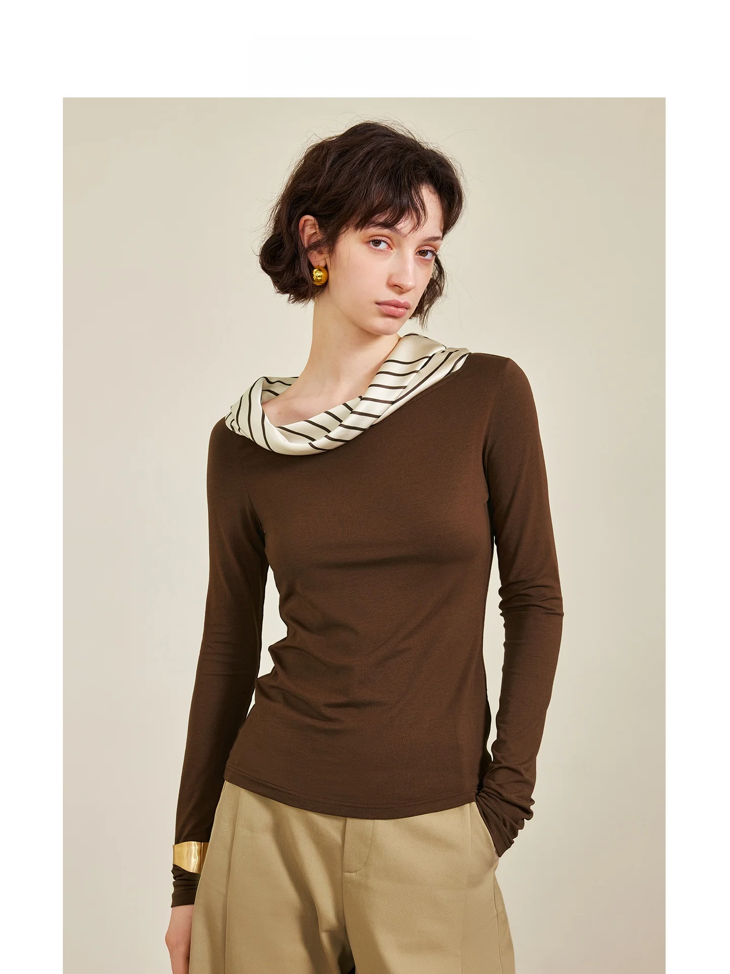 

Original AEL Spliced Collar Design Modal Long Sve Slim Fit Women's T-irt Autumn Winter New Sle Commute Simple Sle