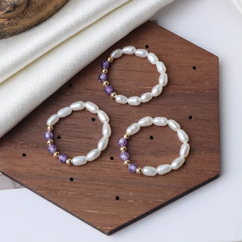 

3-4mm Rice Shape Freshwater Pearl Rings for Women 14k Gold Plated 6cm Length Elastic Rings with Purple Gemstore