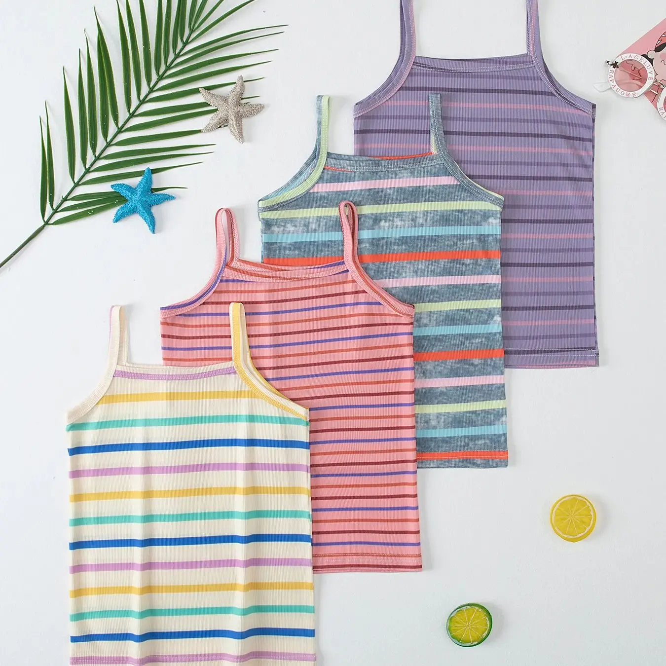 Girls' Four Seasons Multi Color Striped Strap Top Comfortable Casual Bottom Top Children's Sports Fashion Sleeveless T-shirt