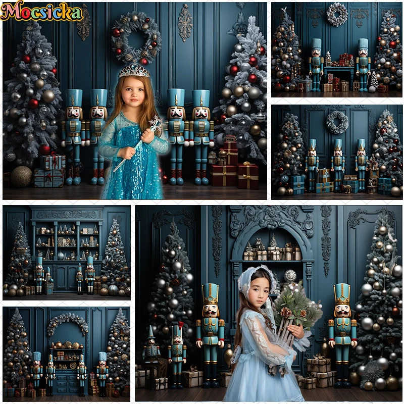 

Mocsicka Blue Christmas Backdrop Photography Vintage Art Wall Christmas Tree Toys Decor Kids Portrait Photo Background Banner