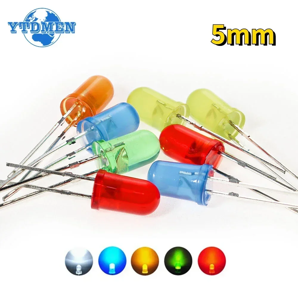 100PCS 5mm LED Diode F5 White Yellow Red Green Blue Assorted Kit DIY LEDs Light Emitting Set Electronic Diy Kit