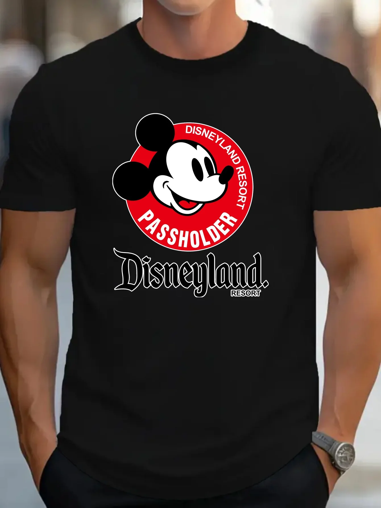 Vibrant Cartoon Mickey Head Disneyland Circle Logo Knit T-Shirt - Soft Cotton Regular Fit Short Sleeve Slight Stretch