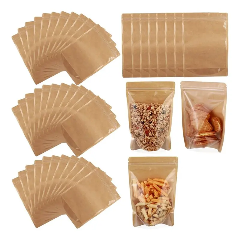 

ABBP-150 Pcs 3 Size Resealable Stand Up Kraft Paper Bags With Clear Fornt Pouches, Food Storage