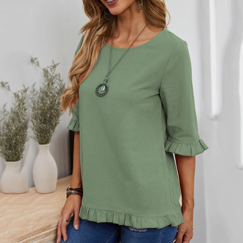 

New Summer Half Sleeve T-shirts Women Casual Round Neack Green Tees 2022 France Ladies Solid Pullovers Ruffle Blouses Female XXL