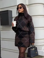 Brown Vintage Argyle Plaid Knitted Dress Sets Women Causal Turtleneck Loose Sweater +Knit Mini Skirts Set Winter Women Knitwear - Image 2