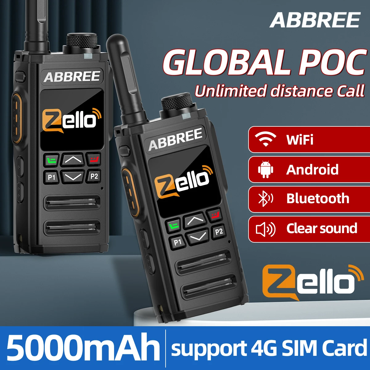 2PCS ABBREE GP-268 Zello Global POC Network Radio Walkie Talkie Bluetooth WiFi SIM Card 4G 3G 2G Android Long Range Ham Radio