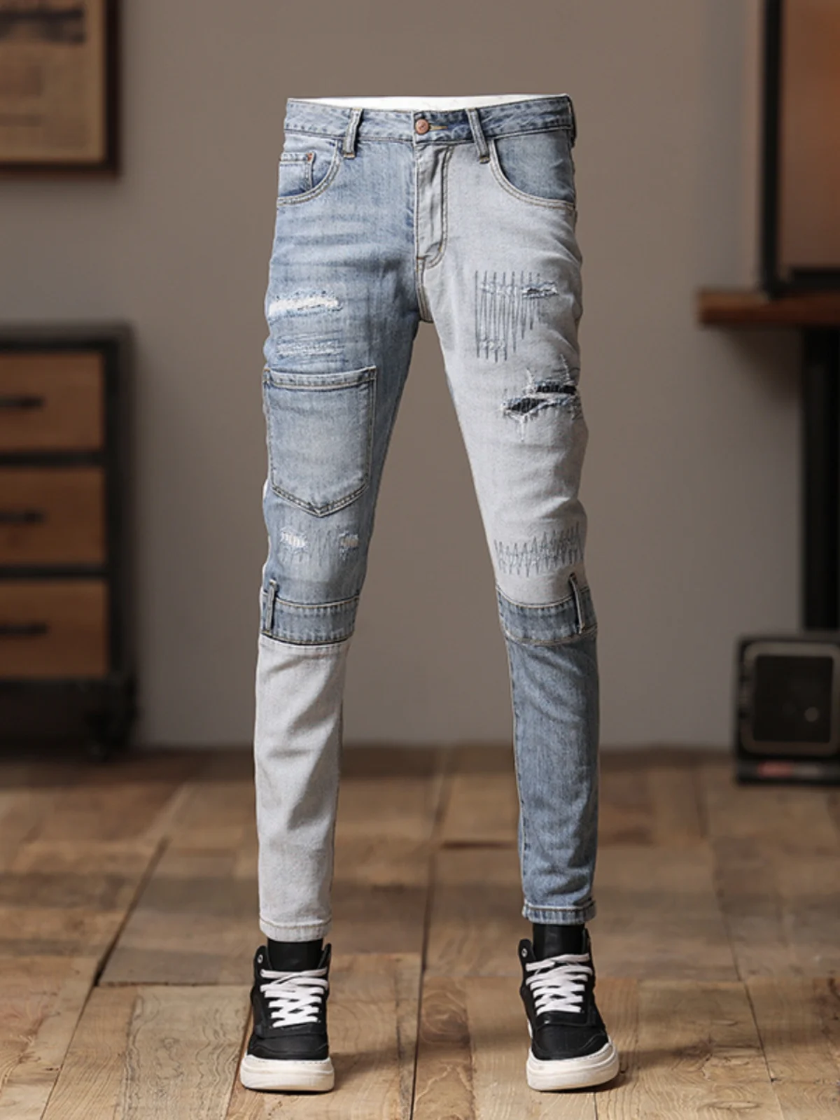 

Retro Hole Denim Jeans Men's Patchwork Multi-Pocket Slim Fit Casual Long Pants Spring Autumn Cotton Stretch Denim Youth Trend