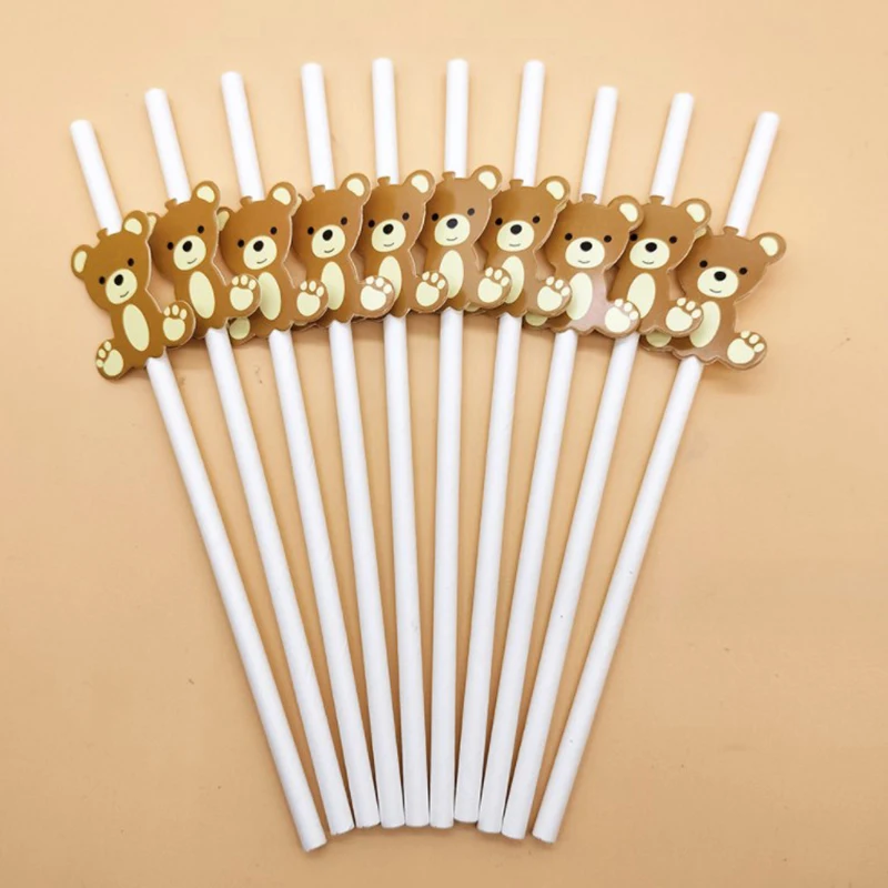 10Pcs Brown Bear Paper Straws Disposable Drinking Straw Kids 1st Boy Girl Birthday Party DIY Decoration Supplies Baby Shower