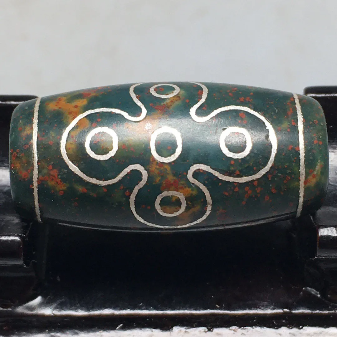 Tibetan Cinnabar Old Agate dZi Inlaid silver wire 5 Eyes Lightning Bead S0417