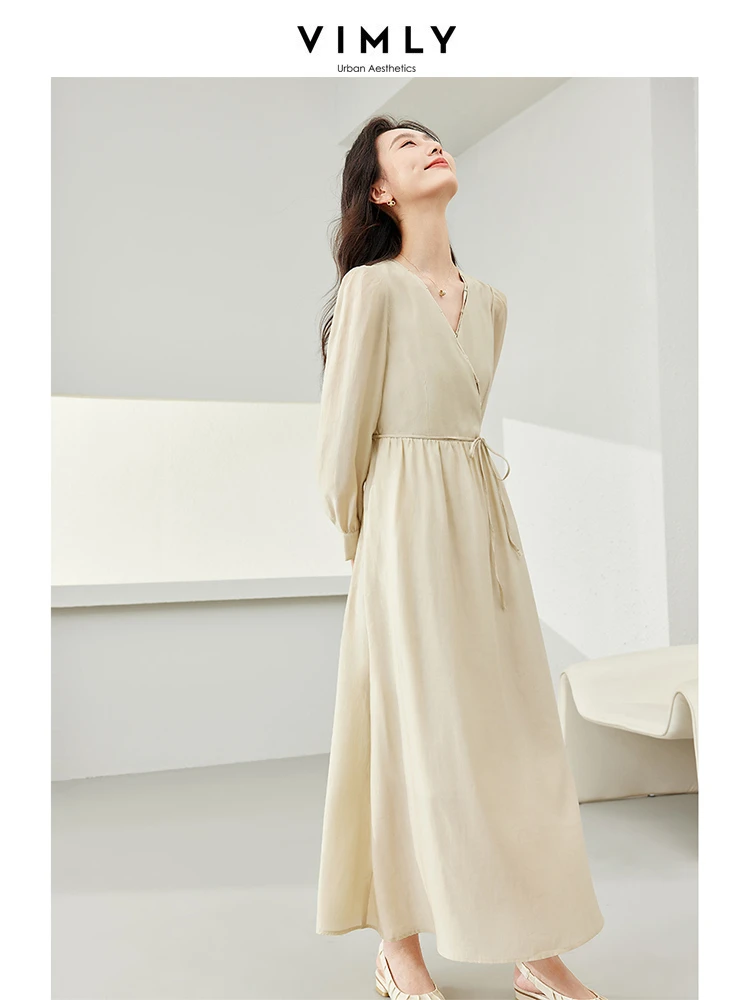 Vimly Elegant Maxi Dress 2024 Spring Light Khaki French Style V-neck Puff Sleeve Lyocell Tie Belt A-line Long Wrap Dresses M5808