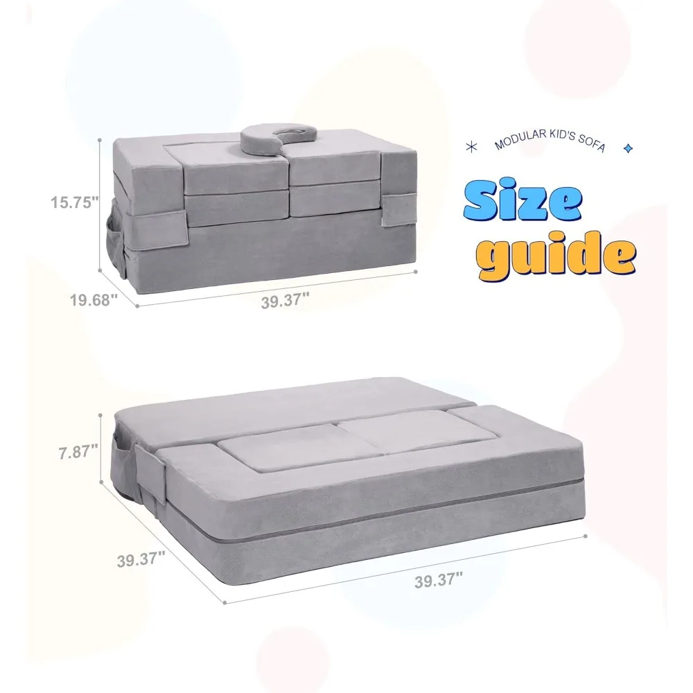 Modular Kids Sofa,Toddler Couch Foam Armchair for Kids, Children Convertible Plush Sofa Play Set,Fold Out Sofa Bed(Grey)