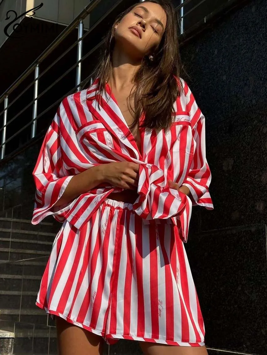 

Oymimi Casual Red Print Women 2 Piece Set Outfit Elegant Lapel Short Sleeve Pockets Shirts And High Waist Side Slit Shorts Sets