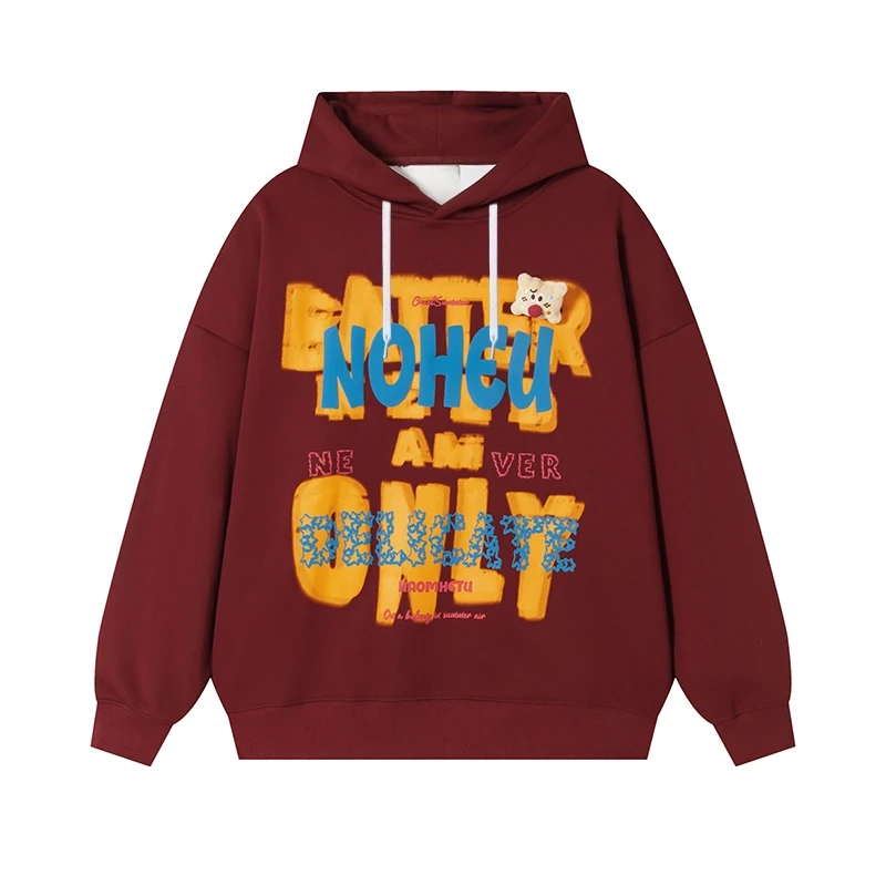 Brief Print Hoody Heren Y2k Retro Casual Herfst Winter Fleece Voorvak Losse Lange Mouw Hoodies Man